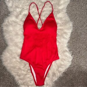 Sunny Co Swim Pamela Ribbed Strappy Deep V-Neck Red One-Piece Swimsuit Size M